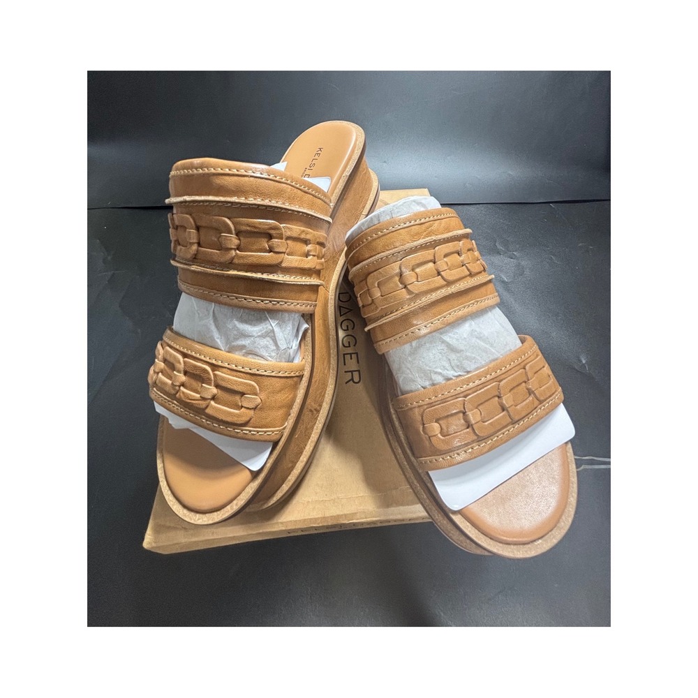 Kelsi Dagger Brooklyn Driftwy Tan Leather Platform Slide Sandals Womens 8.5 NEW